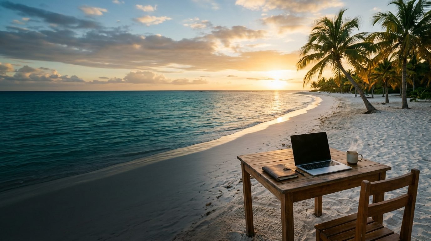 A laptop on a beach desk at sunrise on the Riviera Maya