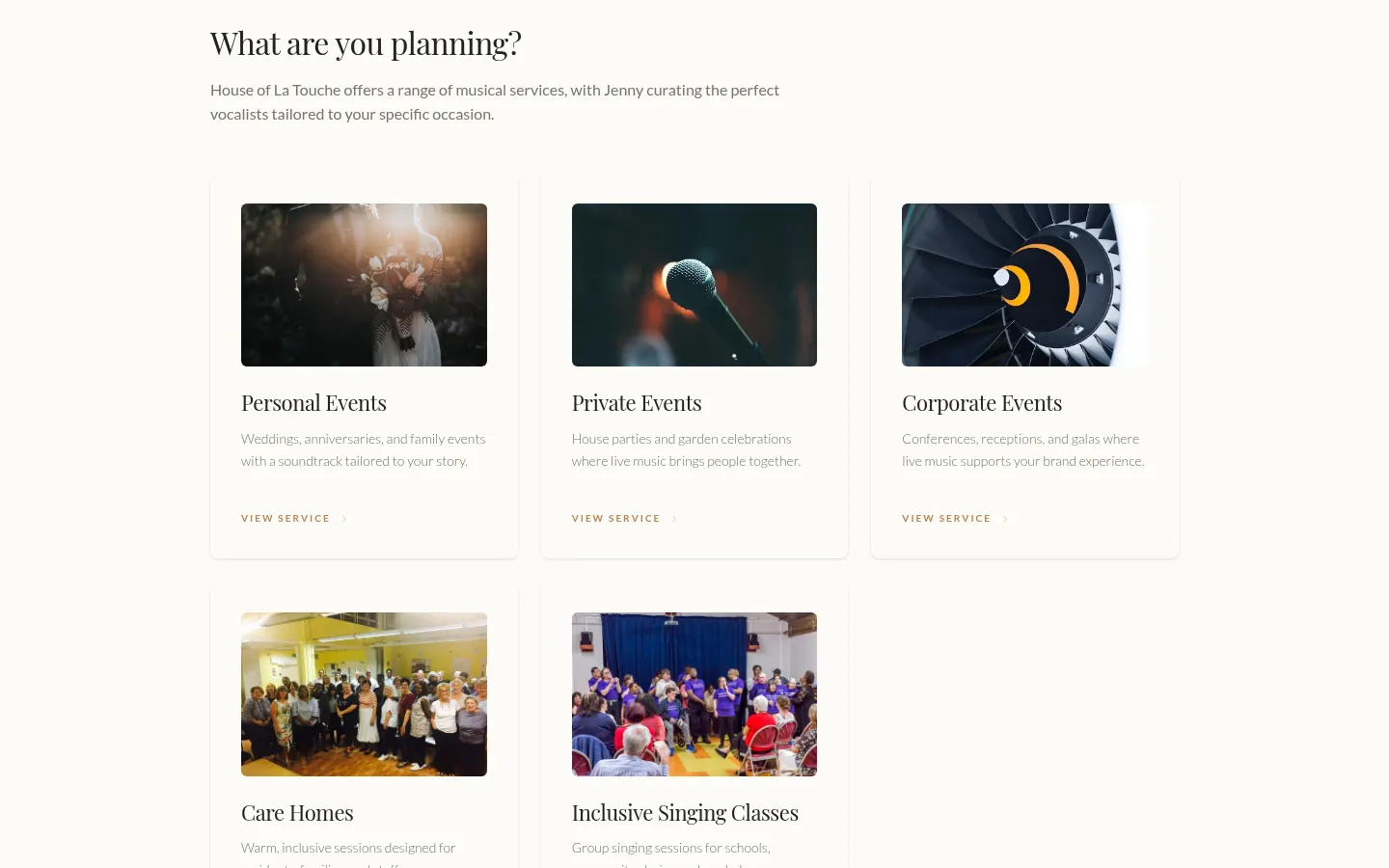 House of La Touche home page: the 'What are you planning?' section with a card for each kind of event