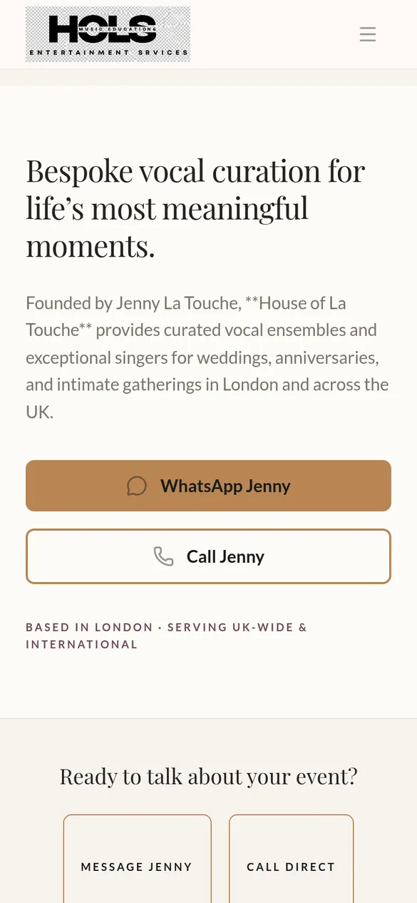 House of La Touche home page on a phone