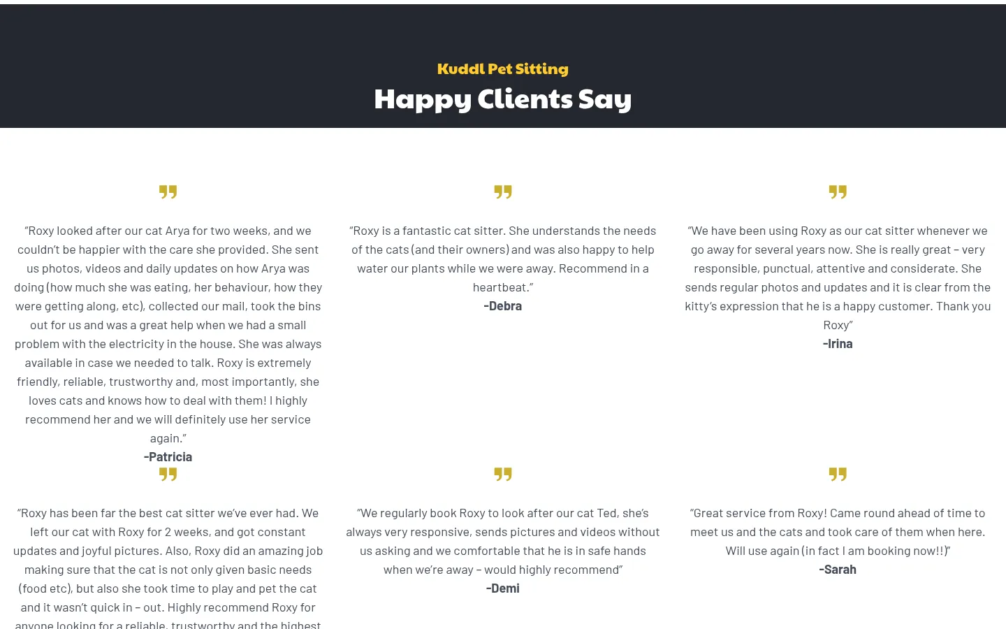 Kuddl home page: the 'Happy Clients Say' section with reviews from pet owners