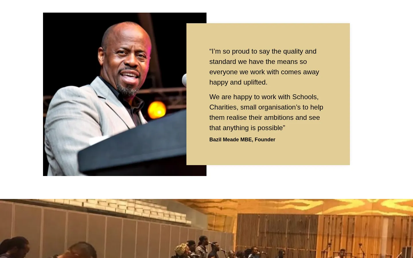 LCGC Charity home page: a section with a quote from the founder, Bazil Meade MBE