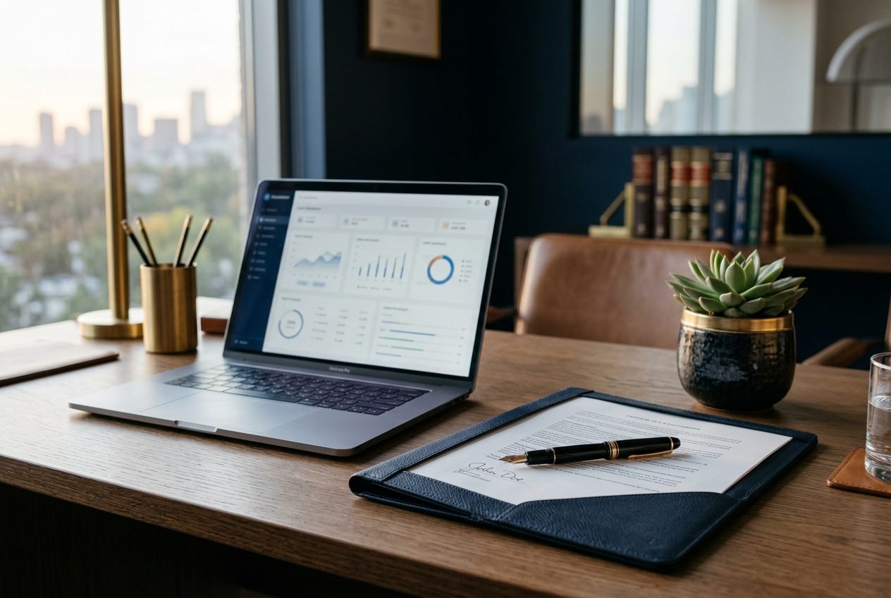 A law-firm desk with a laptop showing a client dashboard beside a signed document