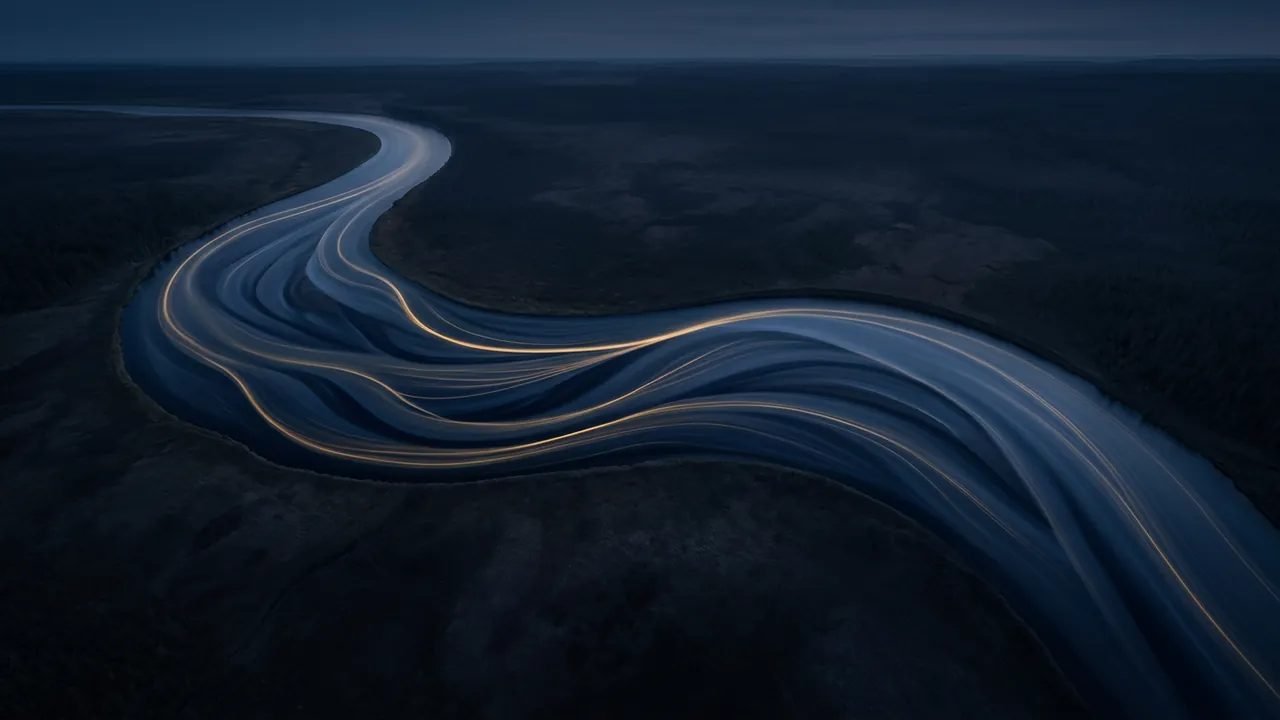 A dark river at dusk with flowing lines of golden light