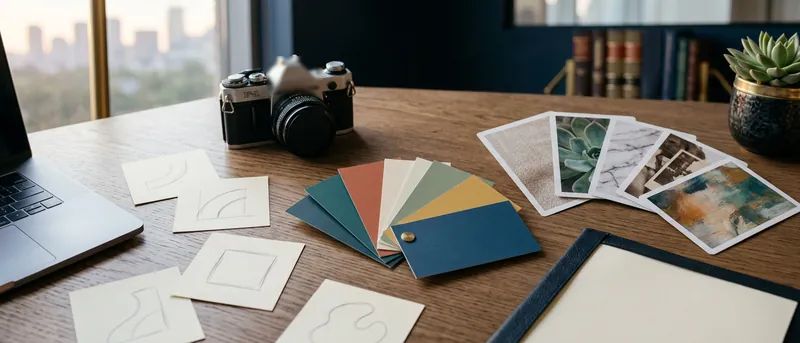 Colour swatches, mood-board cards, a camera and simple shape sketches beside a laptop on a wooden desk