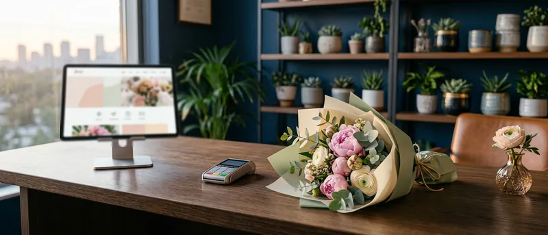 A florist's counter with a wrapped bouquet, a card reader and a tablet showing a simple flower-shop website