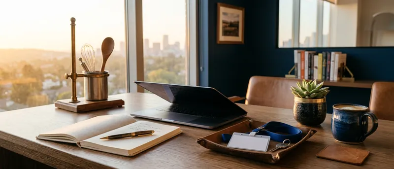 A notebook, pen, laptop, coffee and a work lanyard set aside on a table in early morning light