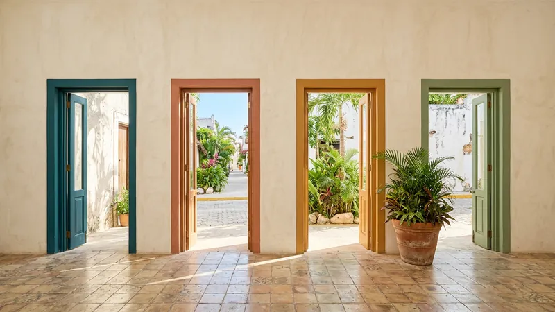 Four open doors in a row, painted teal, terracotta, ochre and sage, with sunlight spilling through onto a tiled floor