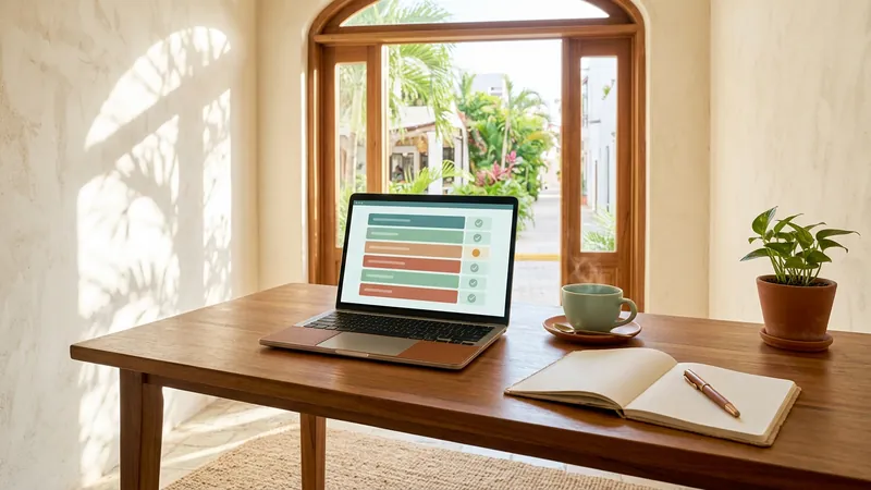A laptop on a sunny desk showing a simple website checklist with green ticks, beside a cup of tea and an open notebook