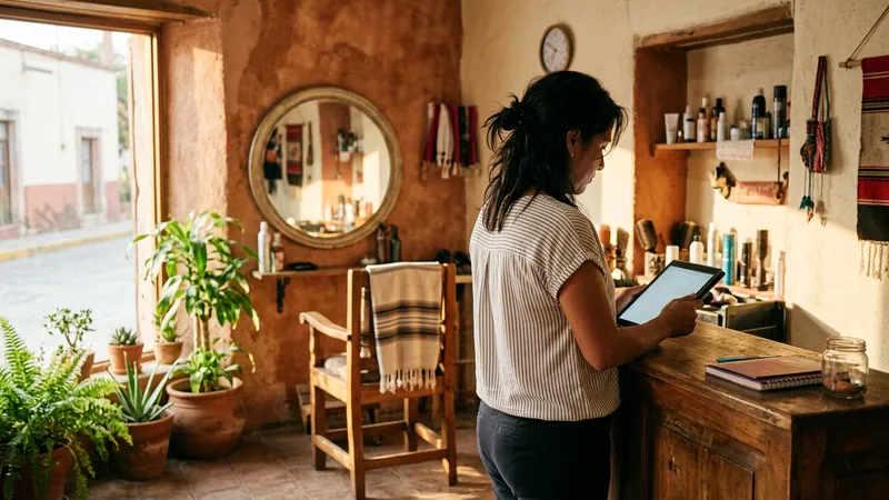 A hair salon owner checking her bookings on a tablet at the front desk of her small salon