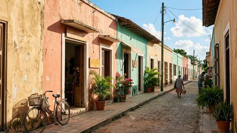 A quiet morning street of small, brightly painted shops opening for the day in a Mexican Caribbean town