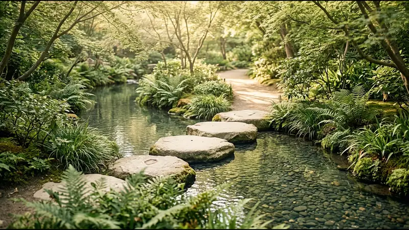 Stepping stones crossing a calm, clear stream towards a sunlit garden path